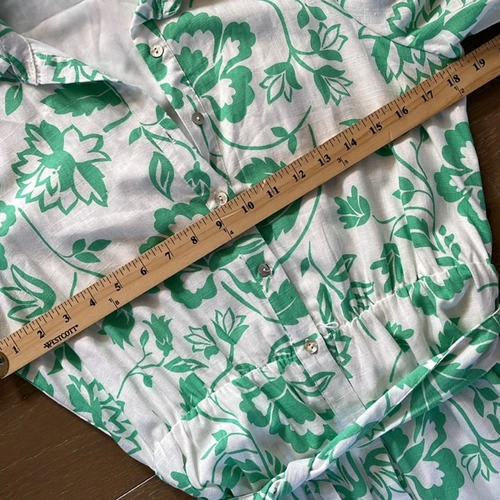 Draper James Puff Sleeve Green Floral Dress Size Medium Linen Blend Button Up - Picture 7 of 10